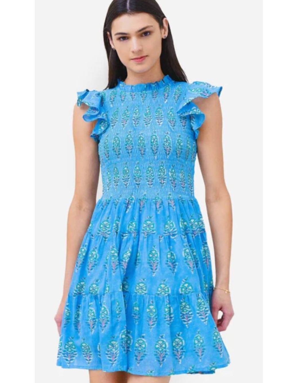 OLIPHANT 100% Cotton Smocked
Flirty Ruffle Blue Block Print | Size
Small
